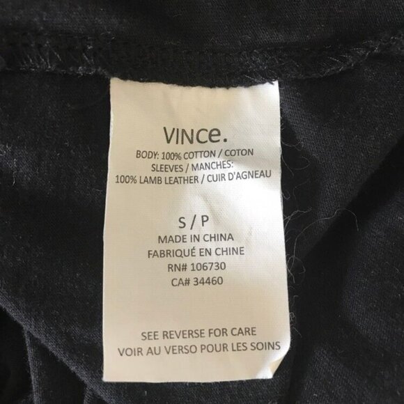 VINCE Short Lamb Skin Sleeve Top Womens Size Small Black Cotton Leather - Picture 9 of 9